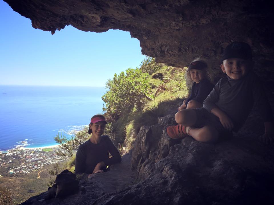 Regrouping in a cave half way down our climb.