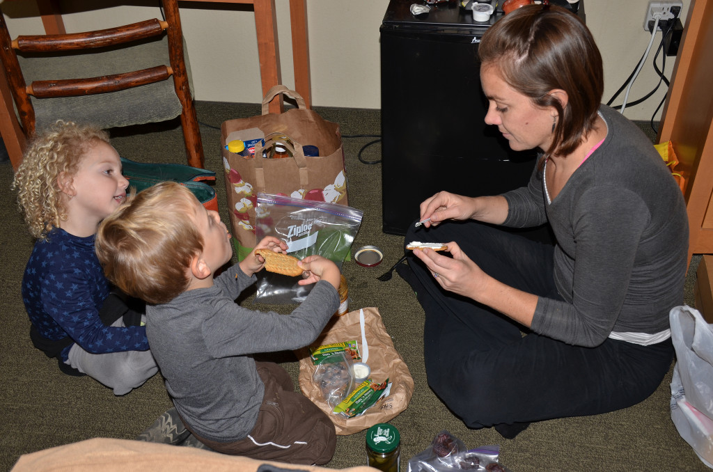 A picnic on the floor in our hotel room in Sequoia National Park.